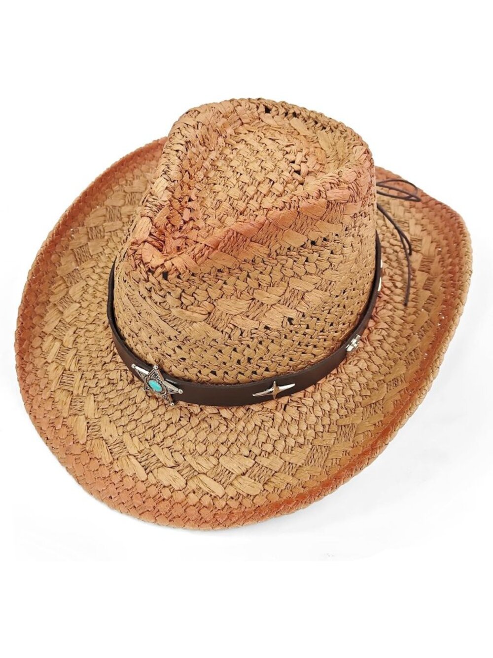 Women's Brown Star Straw Beaded Band Wide Brim Cowboy Western Cowgirl Sun Hat